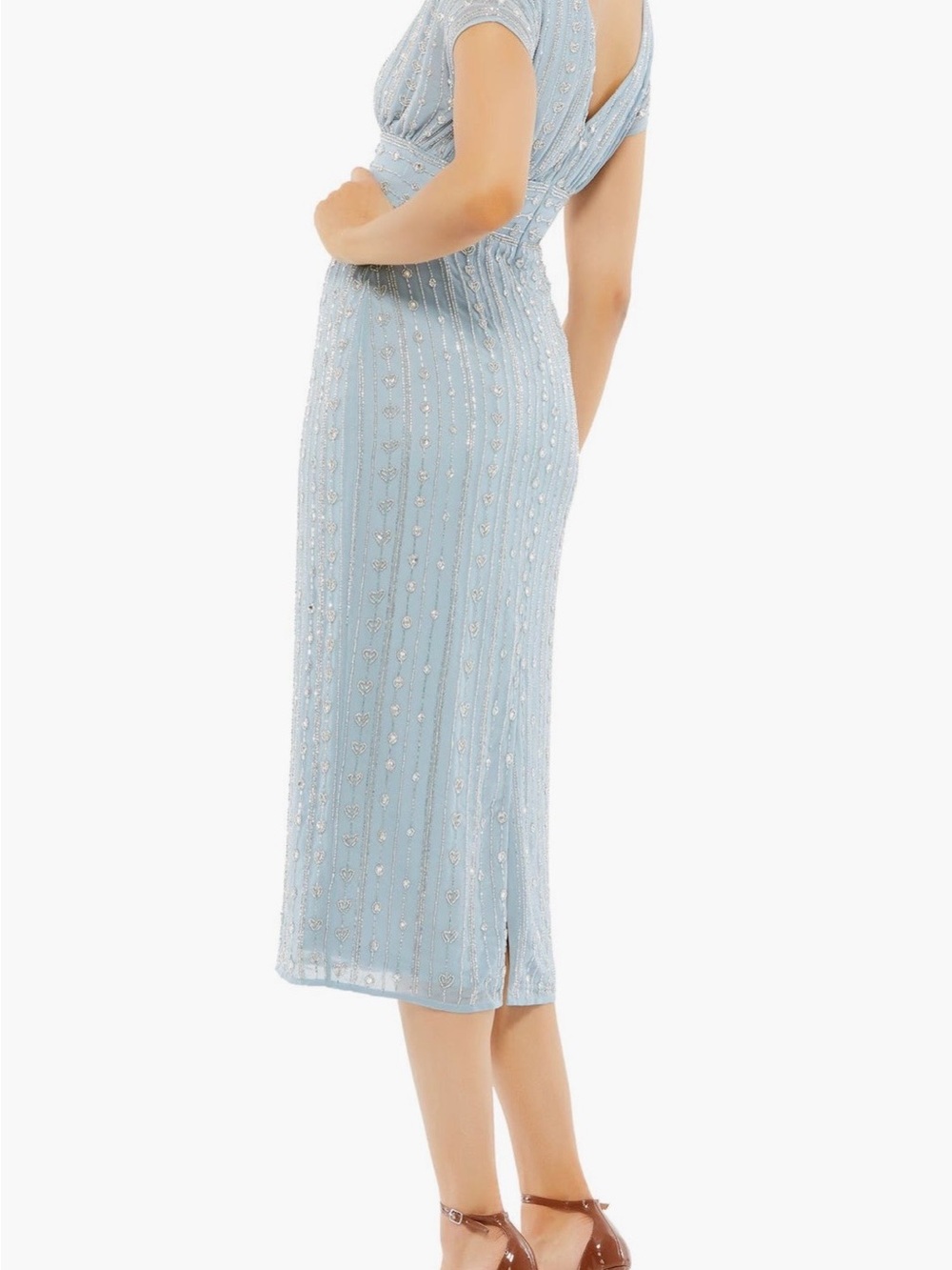 Mac Duggal  Beaded Cap Sleeve Column Midi Dress - Slate Blue